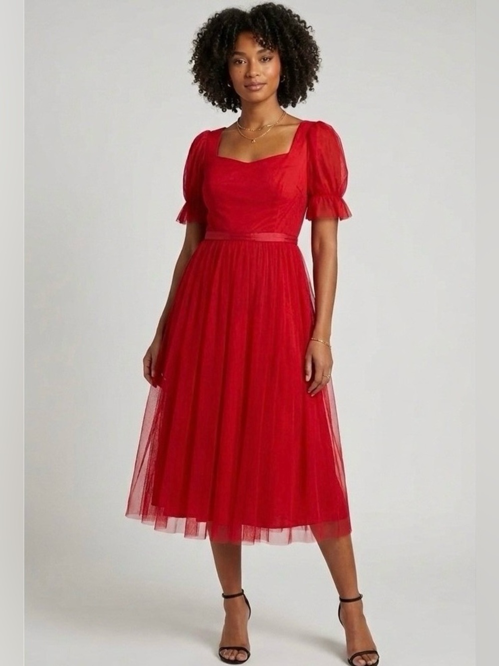 Ivy City Red Ballerina Dress Puff-Sleeve Tulle Midi Size M